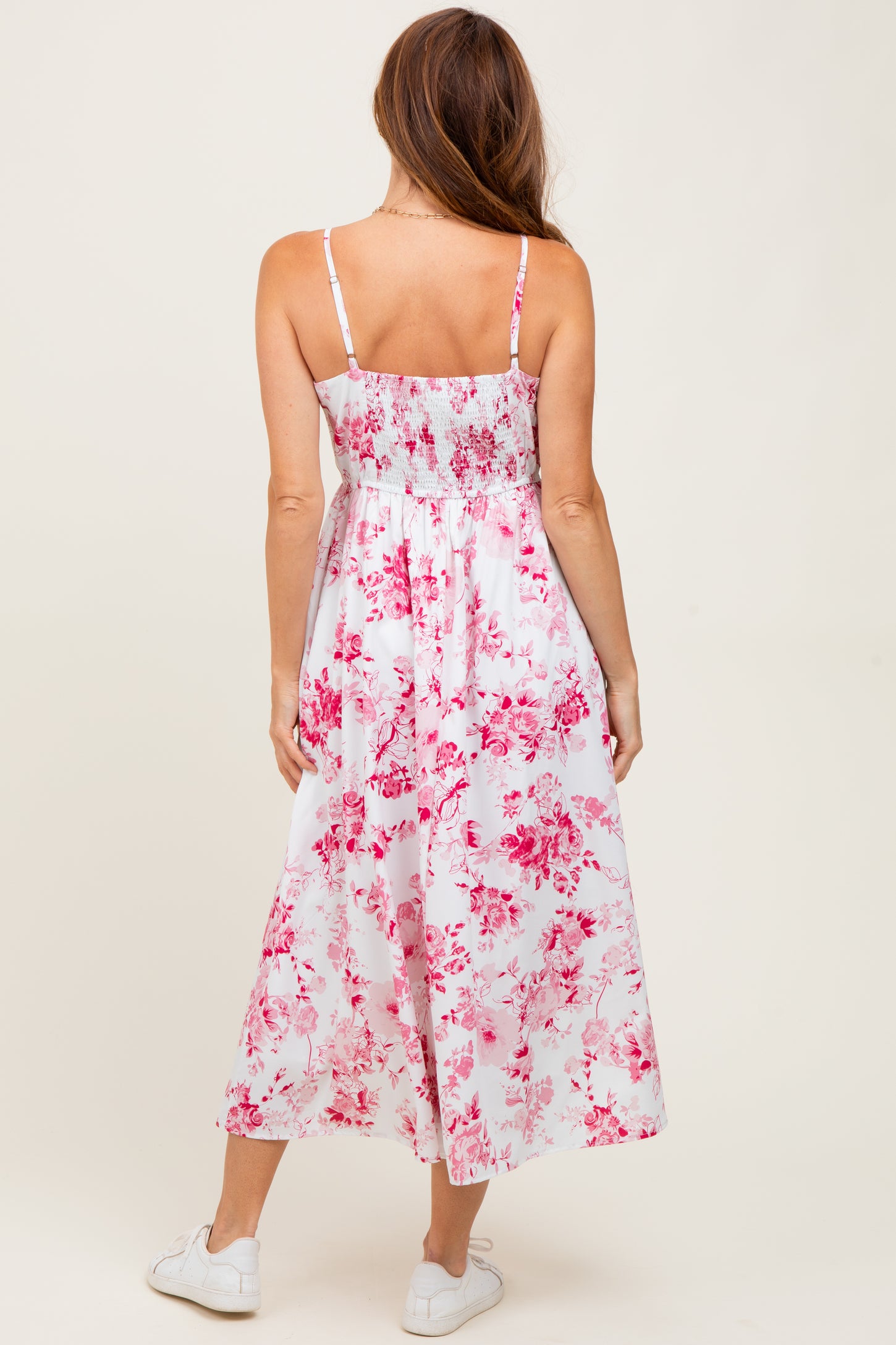 Pink Floral Sleeveless Piping Detail Midi Dress