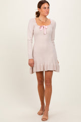 Beige Knit Ribbon Detail Neckline Mini Dress