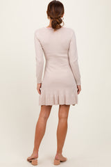 Beige Knit Ribbon Detail Neckline Mini Dress