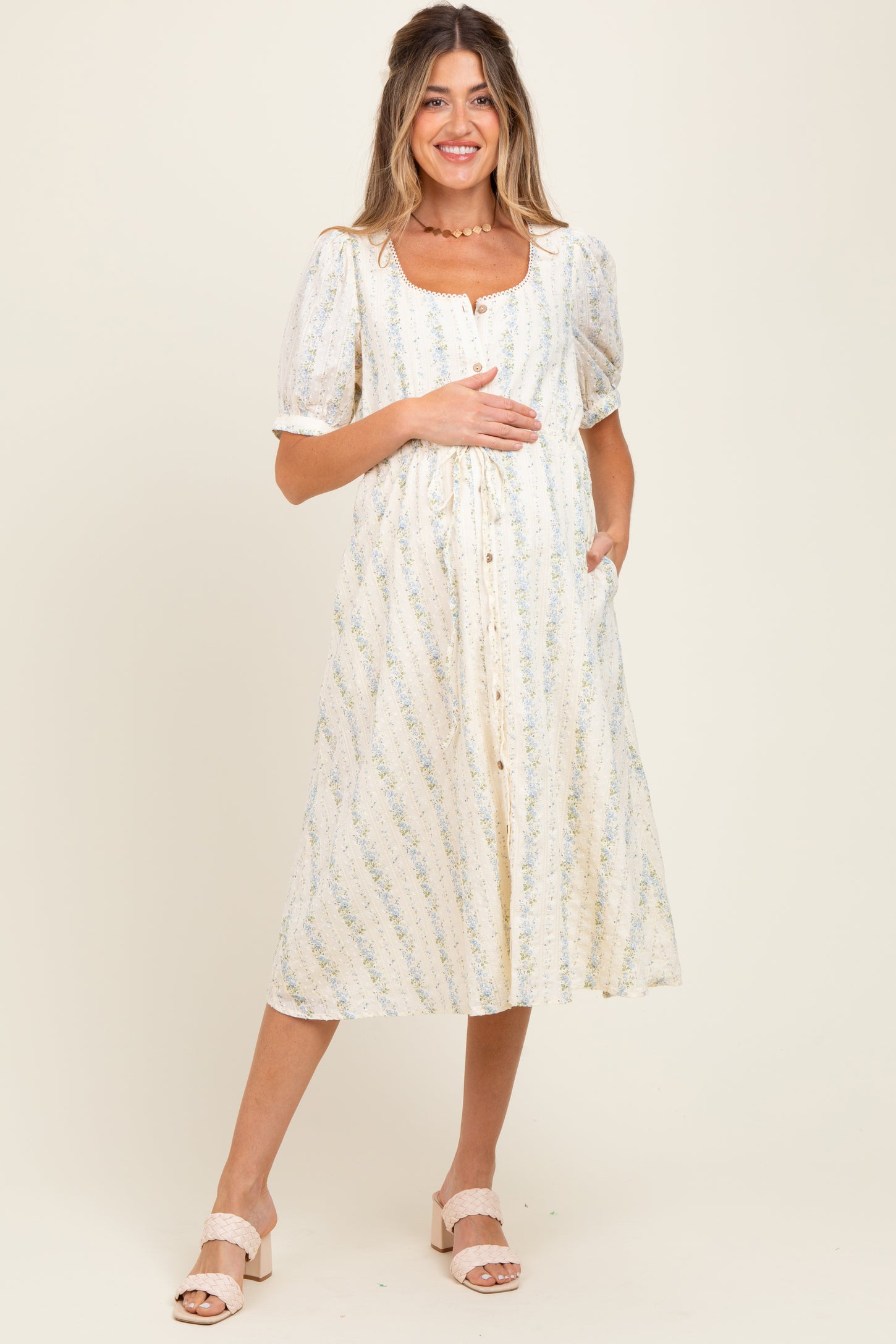 Light Blue Swiss Dot Floral Print Button Down Maternity Midi Dress