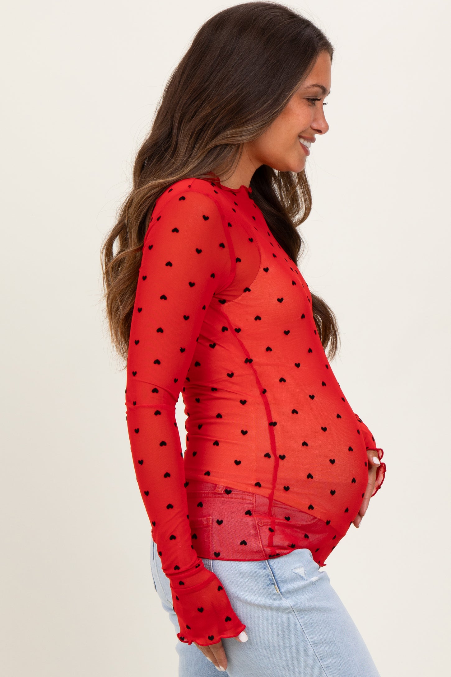 Red Mesh Heart High Neck Long Sleeve Maternity Top