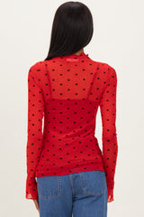 Red Mesh Heart High Neck Long Sleeve Top
