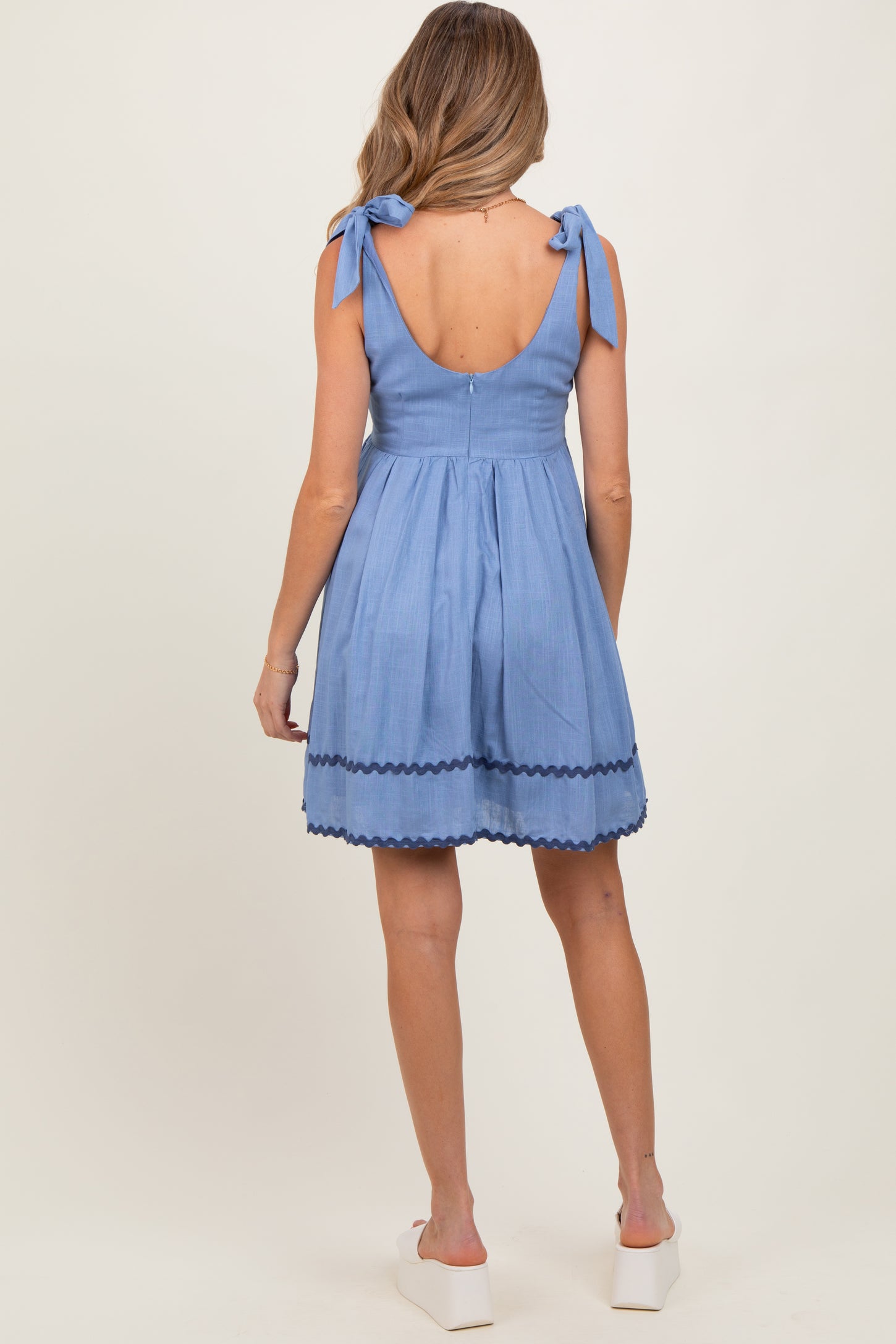 Blue Shoulder Bow Tie Pleated Maternity Mini Dress