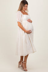 Cream Embroidered Floral Puff Sleeve Maternity Midi Dress