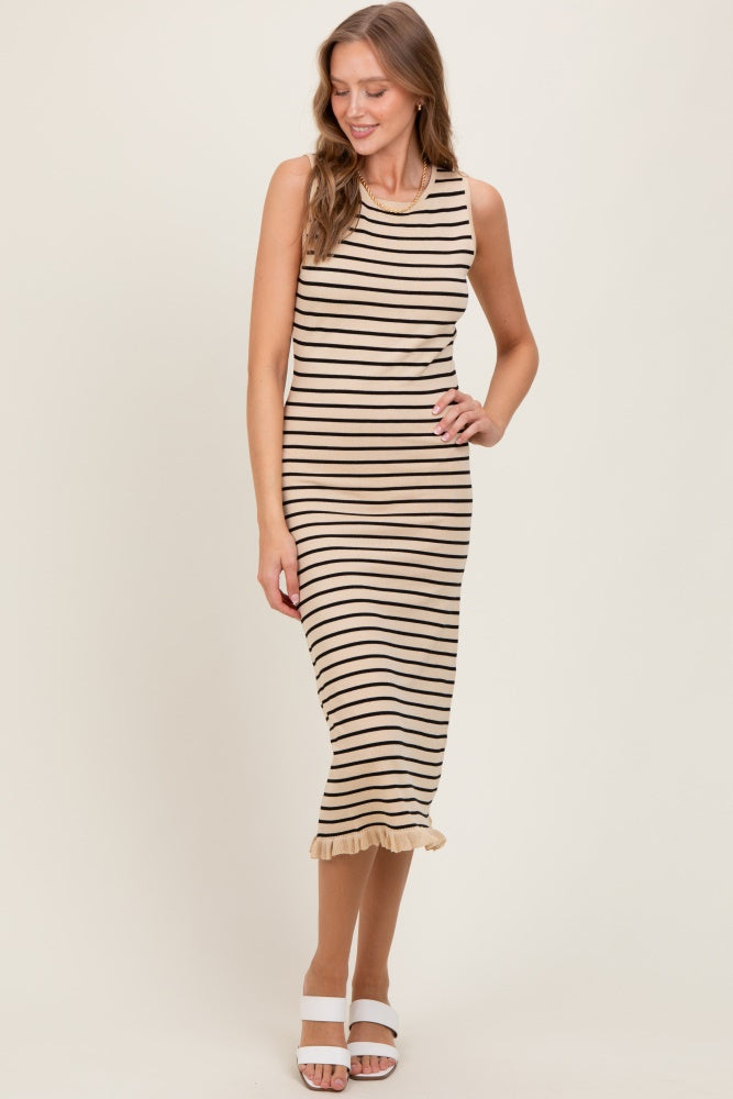 Beige Striped Knit Sleeveless Ruffle Hem Maternity Midi Dress