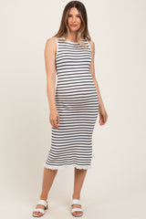 White Striped Knit Sleeveless Ruffle Hem Maternity Midi Dress
