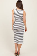White Striped Knit Sleeveless Ruffle Hem Maternity Midi Dress