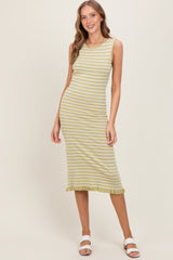 Light Olive Striped Knit Sleeveless Ruffle Hem Maternity Midi Dress
