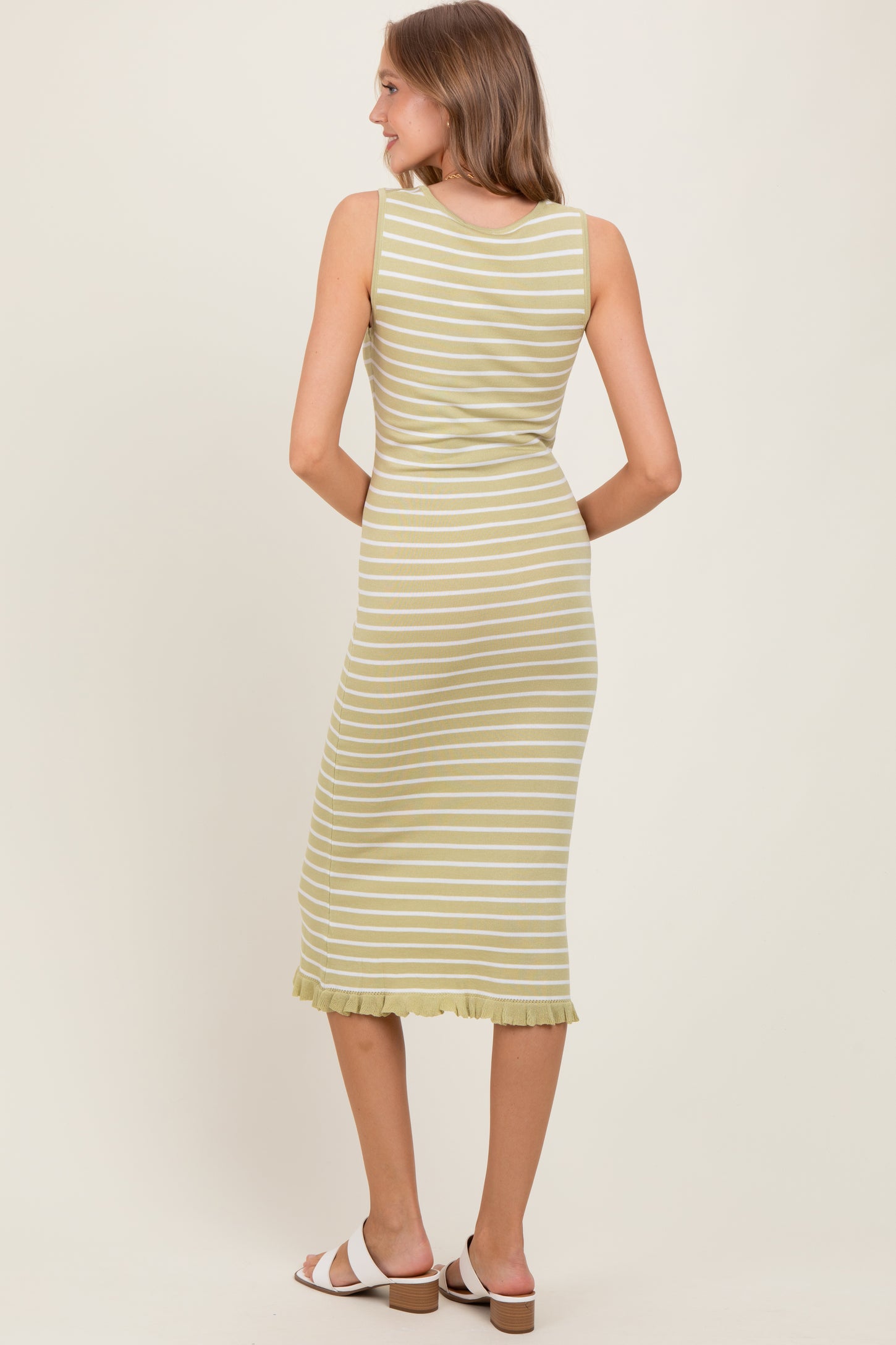 Light Olive Striped Knit Sleeveless Ruffle Hem Midi Dress