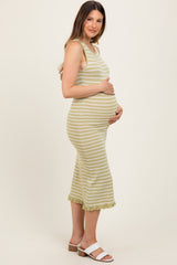 Light Olive Striped Knit Sleeveless Ruffle Hem Maternity Midi Dress
