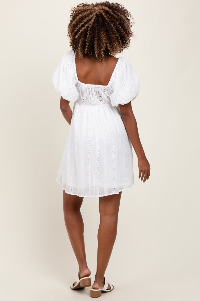 Ivory Eyelet Lace Puff Sleeve Maternity Mini Dress