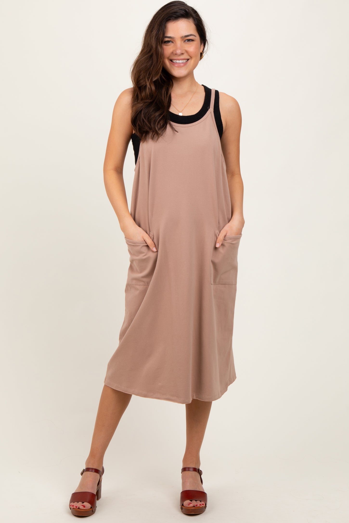 Taupe Knit V-Neck Cami Midi Dress