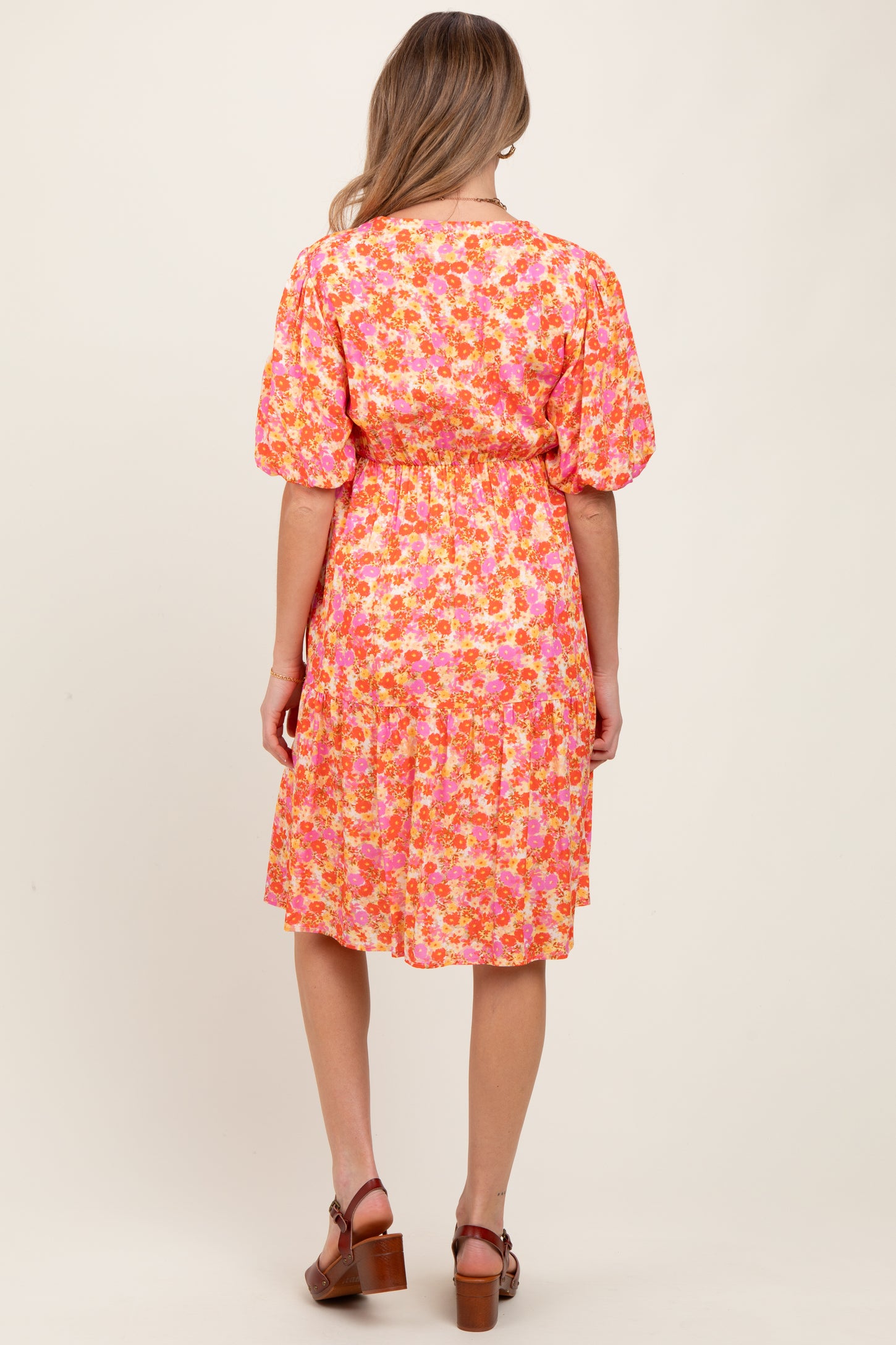 Pink Floral Button Down V-Neck Short Sleeve Maternity Dress