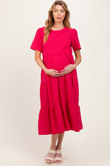 Fuchsia Short Sleeve Tiered Maternity Midi Dress