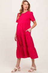 Fuchsia Short Sleeve Tiered Maternity Midi Dress