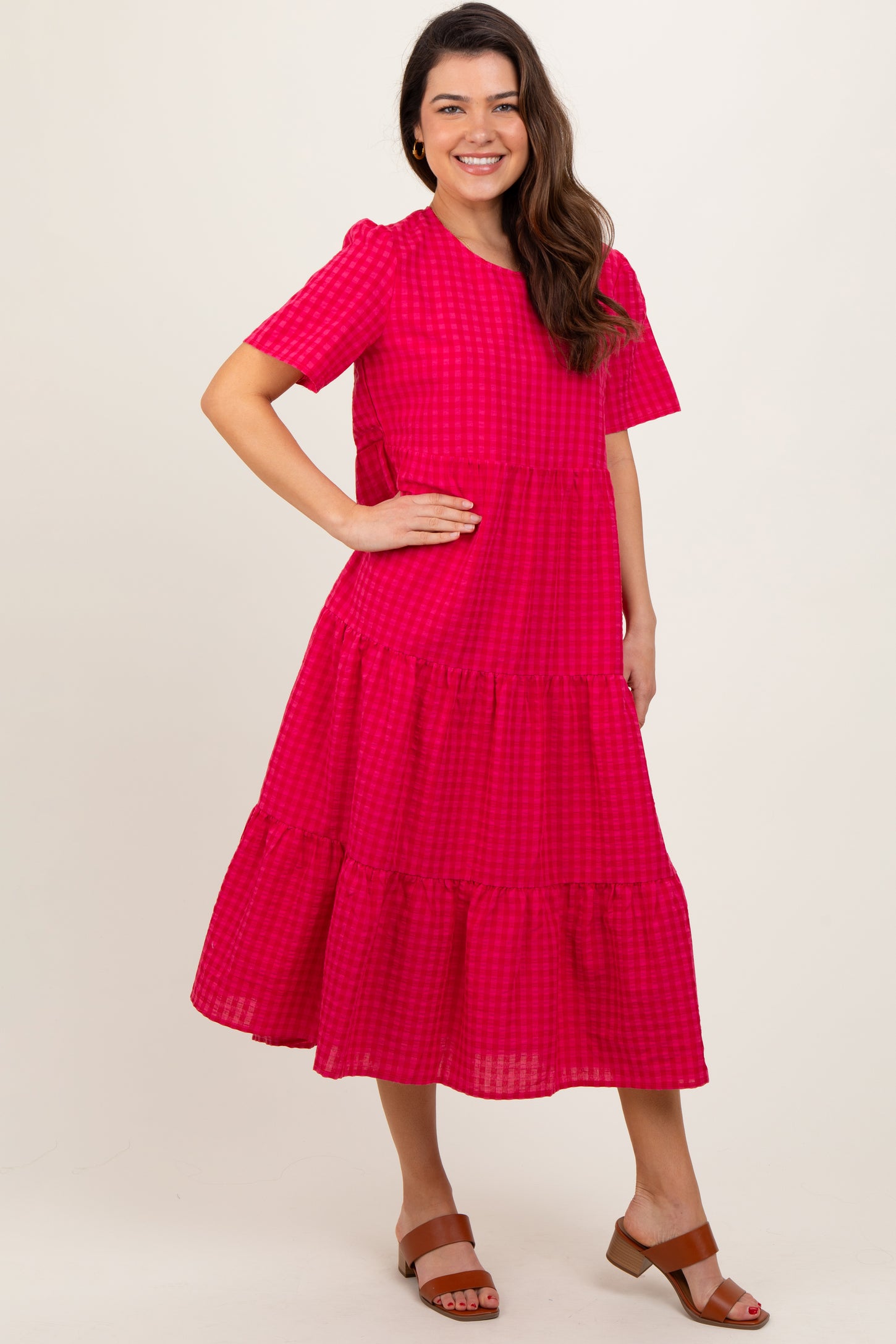 Fuchsia Short Sleeve Tiered Midi Dress