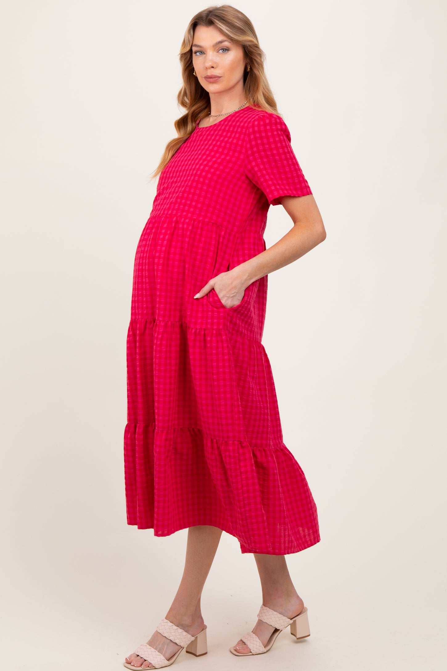 Fuchsia Short Sleeve Tiered Maternity Midi Dress