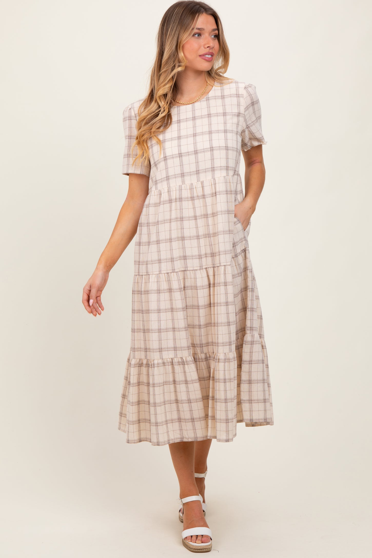 Ivory Plaid Tiered Short Sleeve Dress