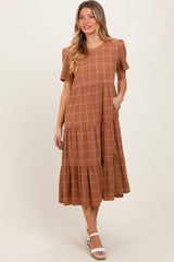Rust Plaid Tiered Short Sleeve Dress
