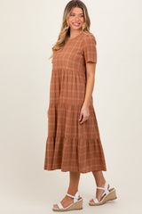 Rust Plaid Tiered Short Sleeve Dress