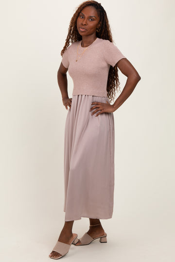 Taupe Knit Contrast Top Satin Short Sleeve Midi Dress
