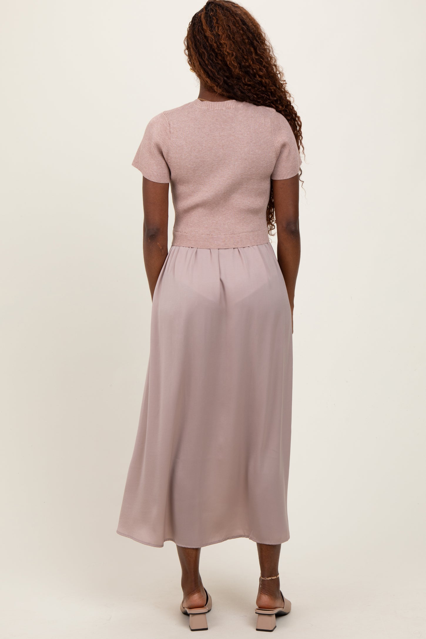 Taupe Knit Contrast Top Satin Short Sleeve Midi Dress
