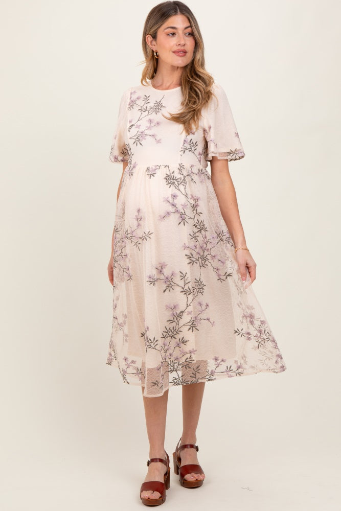 Ivory Floral Embroidered Mesh Maternity Midi Dress