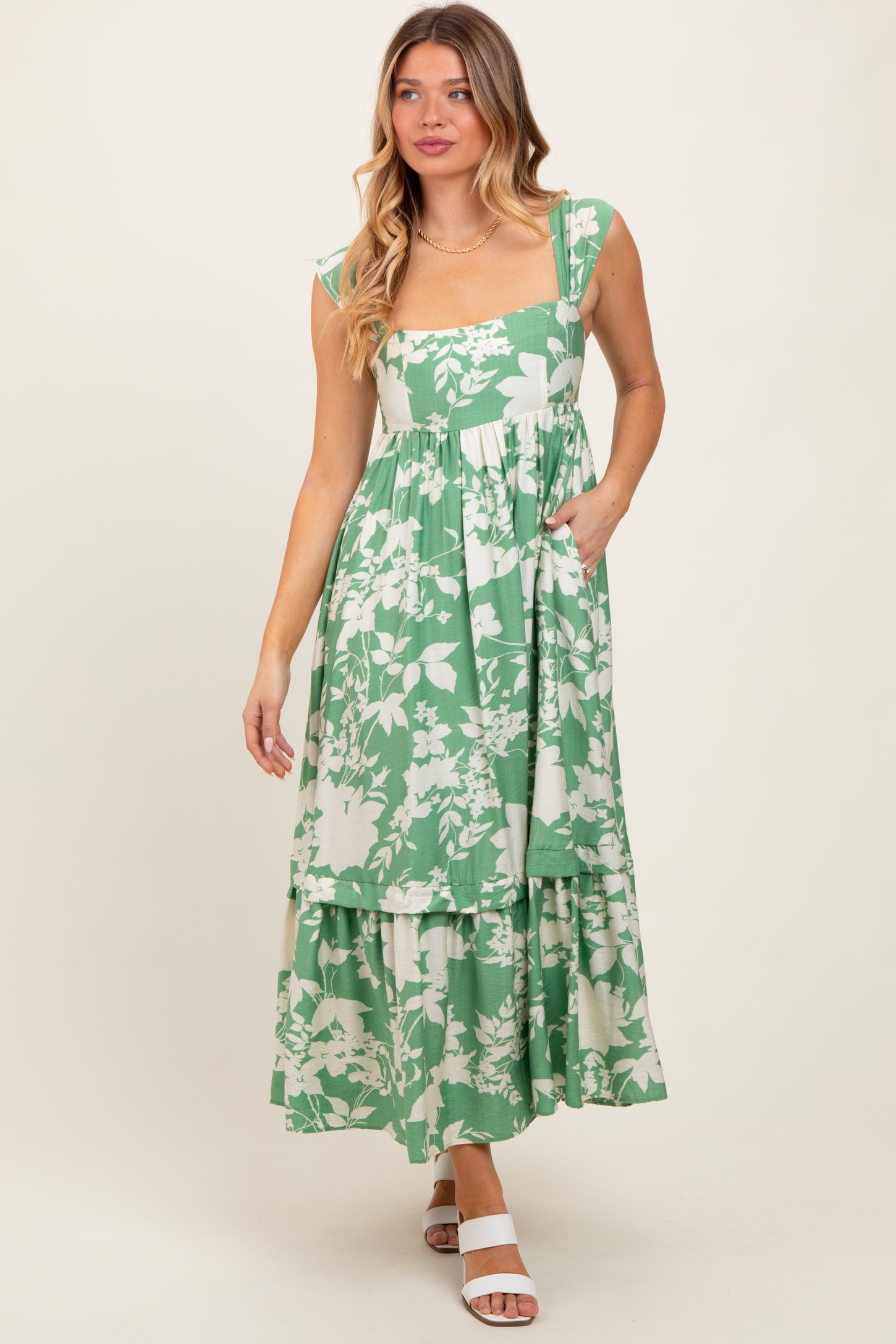 Mint Green Floral Square Neck Midi Dress