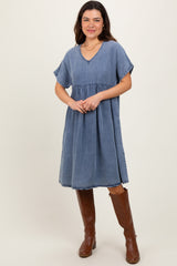Blue Denim V-Neck Short Sleeve Dress