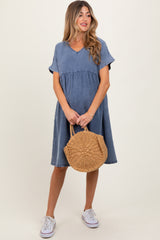 Blue Denim V-Neck Short Sleeve Maternity Dress