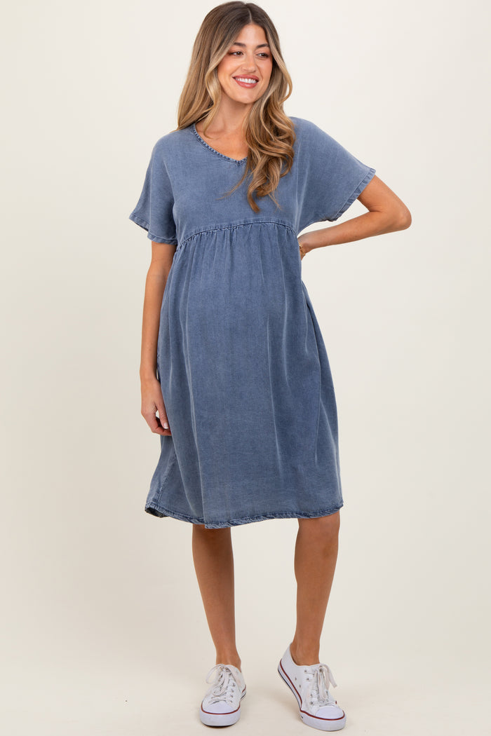 Blue Denim V-Neck Short Sleeve Maternity Dress