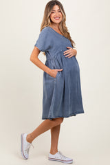Blue Denim V-Neck Short Sleeve Maternity Dress