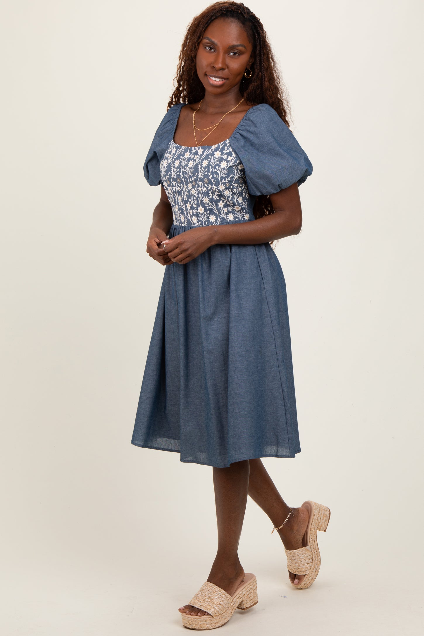 Blue Chambray Floral Embroidered Short Sleeve Midi Dress