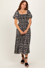 Black Patch Printed Smocked Midi Dress