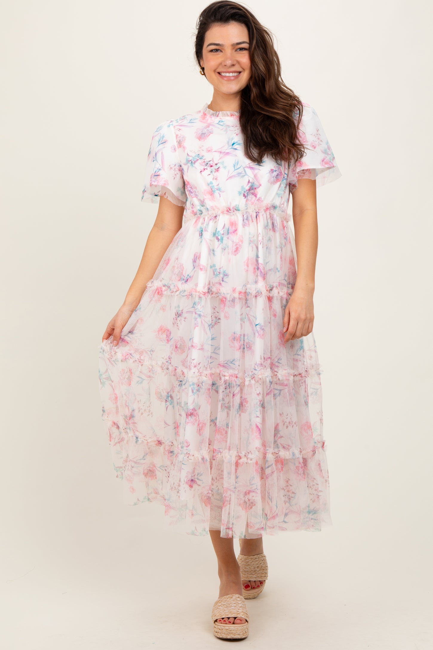 Ivory Floral Mesh Ruffle Tiered Maternity Midi Dress