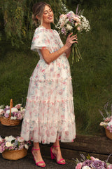 Ivory Floral Mesh Ruffle Tiered Maternity Midi Dress