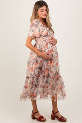 Peach Floral Mesh Sweetheart Neck Maternity Midi Dress