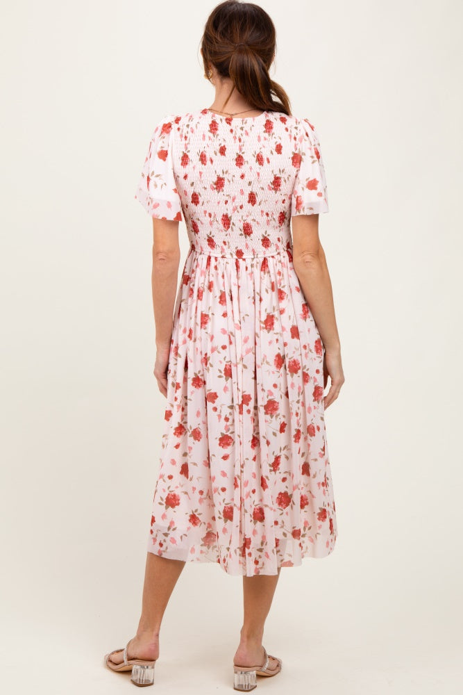 Light Pink Floral Smocked V-Neck Midi Dress