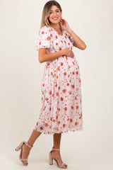 Light Pink Floral Smocked V-Neck Maternity Midi Dress