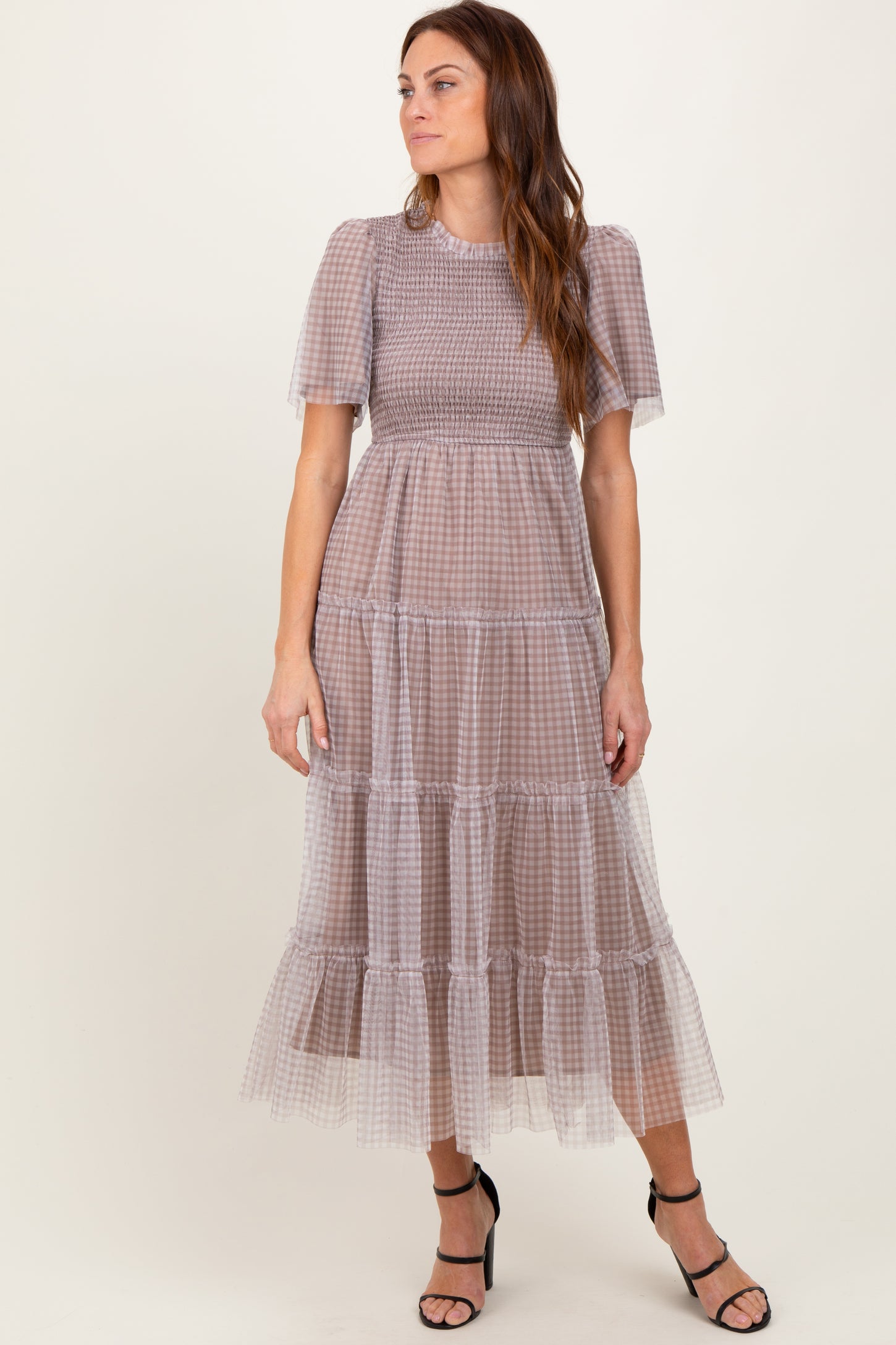 Grey Gingham Mesh Tiered Midi Dress