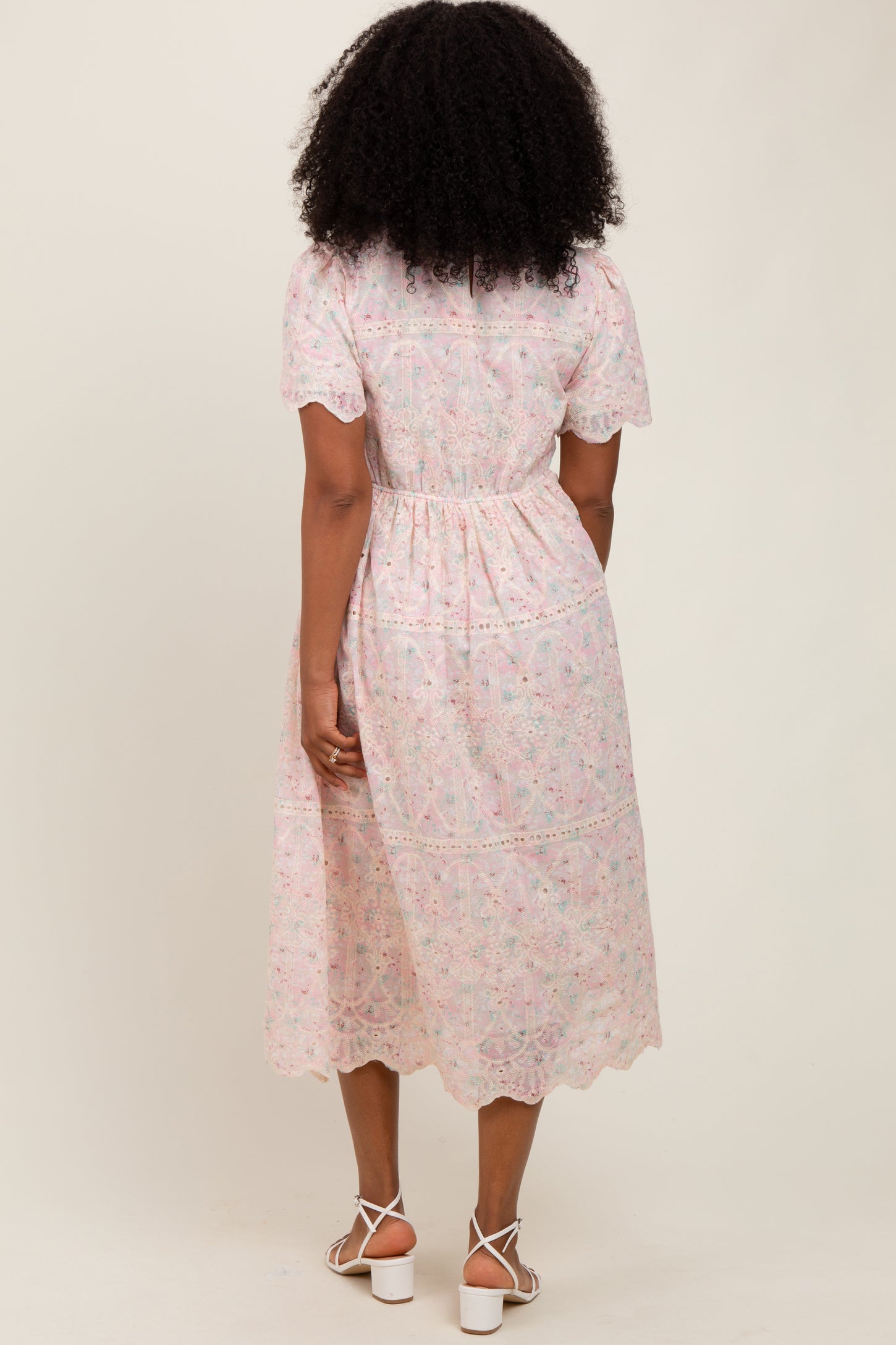 Light Pink Embroidered Chiffon Midi Dress