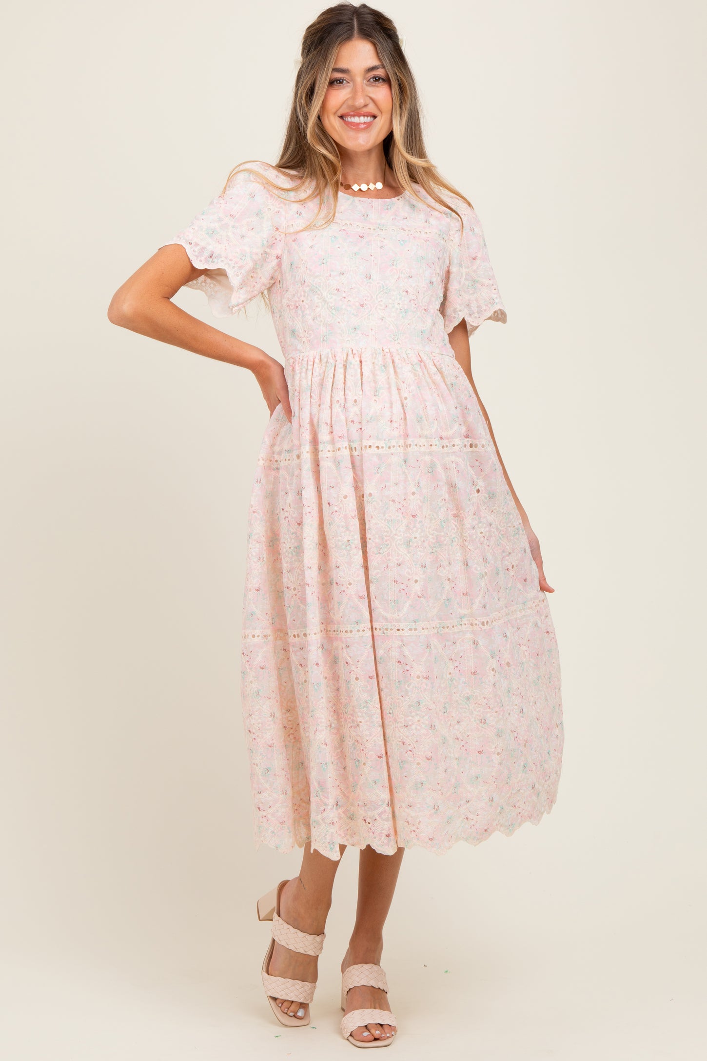 Light Pink Embroidered Chiffon Maternity Midi Dress