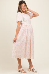 Light Pink Embroidered Chiffon Maternity Midi Dress