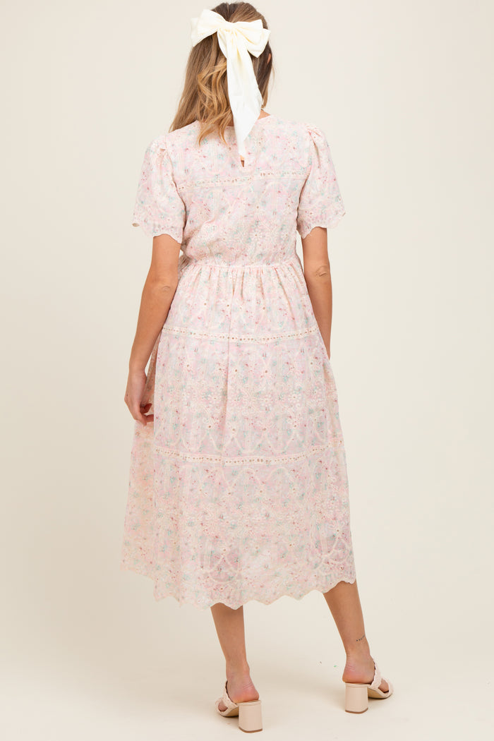 Light Pink Embroidered Chiffon Maternity Midi Dress