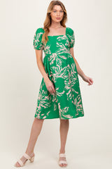 Green Floral Square Neck Short Sleeve Maternity Dress