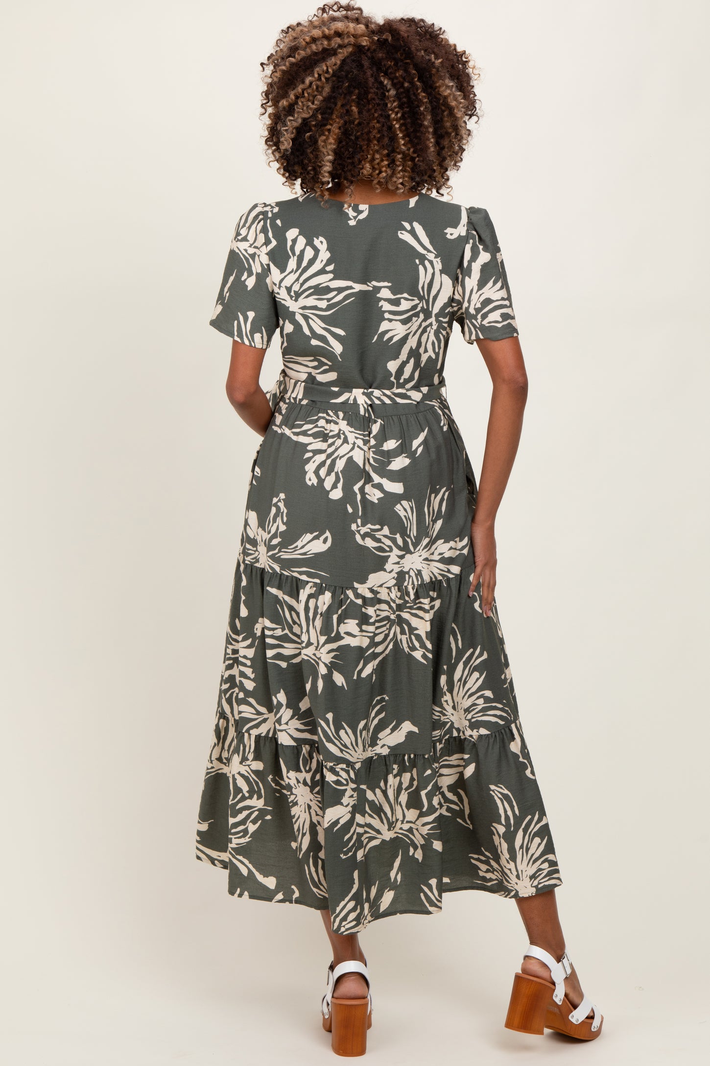 Olive Floral V-Neck Waist Tie Maternity Midi Dress