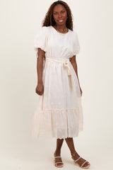 Ivory Embroidered Tied Waist Short Sleeve Midi Dress