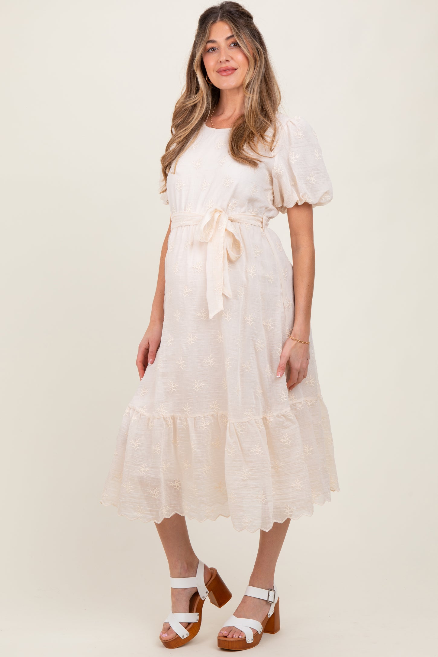 Ivory Embroidered Tied Waist Short Sleeve Maternity Midi Dress
