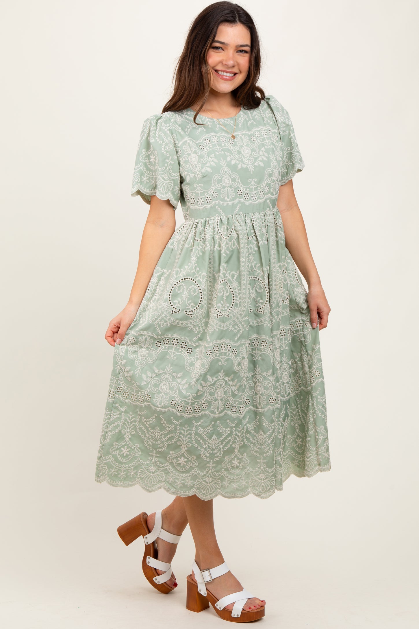 Light Olive Floral Embroidered Tied Waist Midi Dress