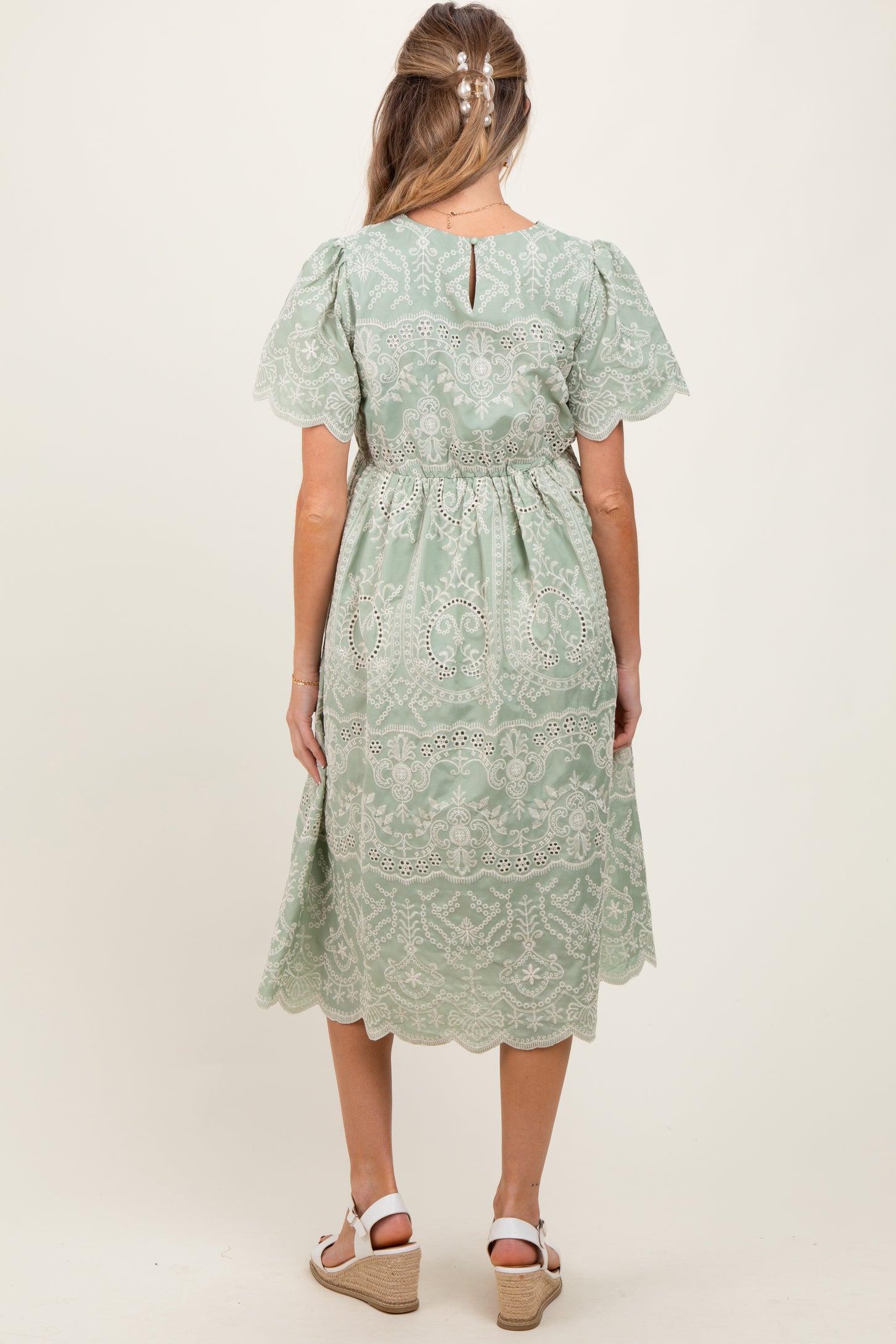 Light Olive Floral Embroidered Tied Waist Maternity Midi Dress